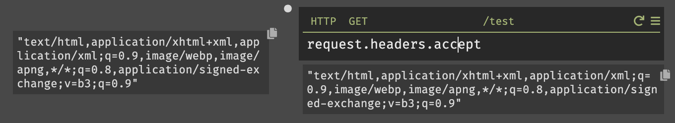 Code showing request.headers.accept and, to the left, the actual value of request.headers.accept in this trace